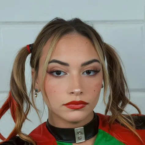 High res closeup portrait photo of an actress dressed as Harley Quinn, f /2.8, Canon, 85mm,cinematic, high quality, skin texture, looking at the camera,<lora:gabmoura_xl_1_standard_wo_cap-000083:1>