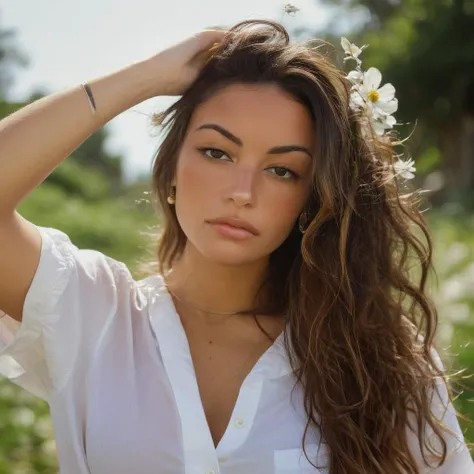 Skin texture, no makeup, Super high res closeup portrait photo of an pretty woman outdoors with long slightly wavy hair,wearing a shirt with a brazillian falg on it, decorative flowers in her hair,f /2.8, Canon, 85mm,cinematic, high quality,looking at the viewer, <lora:gabmoura_xl_1_standard_wo_cap-000083:1>