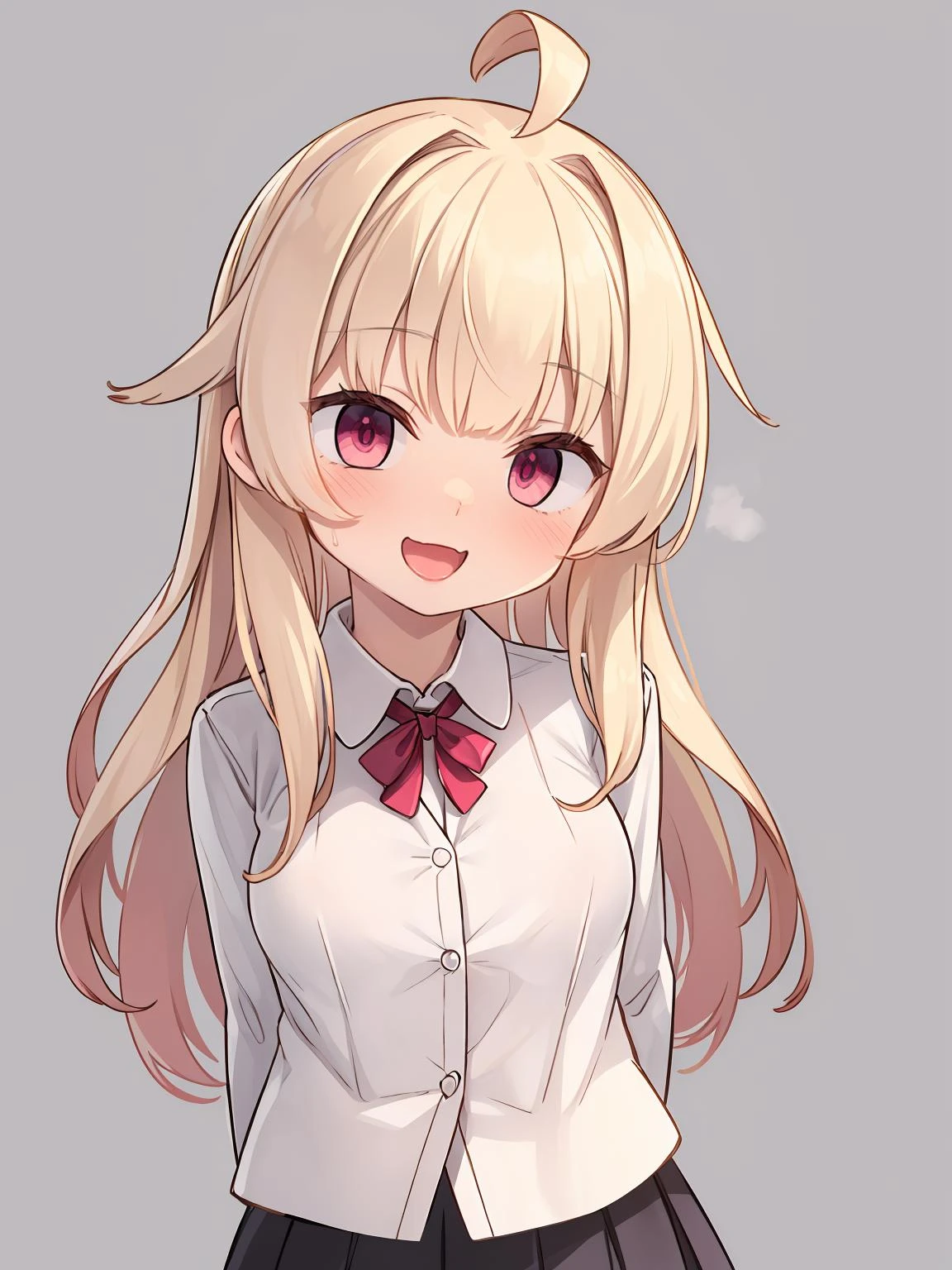 masterpiece, best quality, 1girl, solo, long hair, blonde hair, smile, open mouth, :3, pink eyes, blunt bangs, shirt, upper body, collared shirt, simple background, <lora:rac-000020:1> ahoge, skirt,