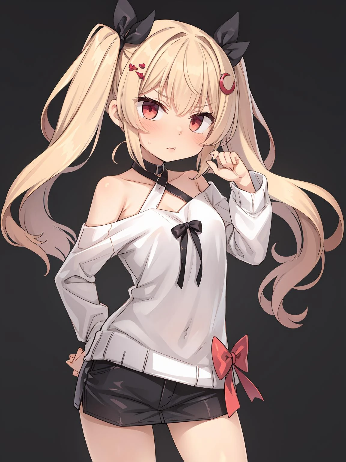 masterpiece, best quality, 1girl, solo, long_hair, looking_at_viewer, blush, closed_mouth, simple_background, angry, twintails, red_hair, bow, ribbon, shirt, miniskirt, off shoulder, <lora:rac-000020:1>, hand on hips, hair ornament,