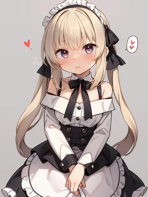 masterpiece, best quality, 1girl, solo, long_hair, looking_at_viewer, blush, heart-shaped pupils, closed_mouth, simple_background, twintails, blonde_hair, bow, ribbon, maid, maid headdress, off shoulder, hairband, miniskirt,<lora:rac-000020:1>, spoken heart,