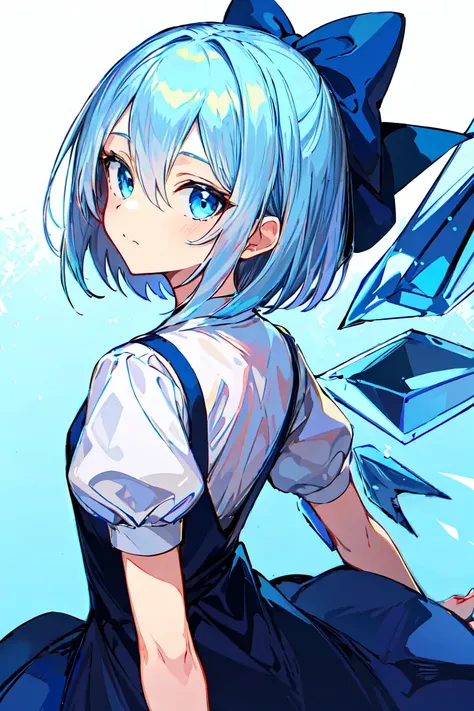 masterpiece, intricate detail,best quality, <lora:yike:0.8>solo, 1girl, cirno, blue eyes, simple background, bow, blue hair, dress, wings, blue bow, white background, short sleeves, hair bow, blue dress, looking at viewer, ice wings, ice, puffy sleeves, shirt, short hair, puffy short sleeves, white shirt, hair between eyes, closed mouth, looking back, bangs, from behind