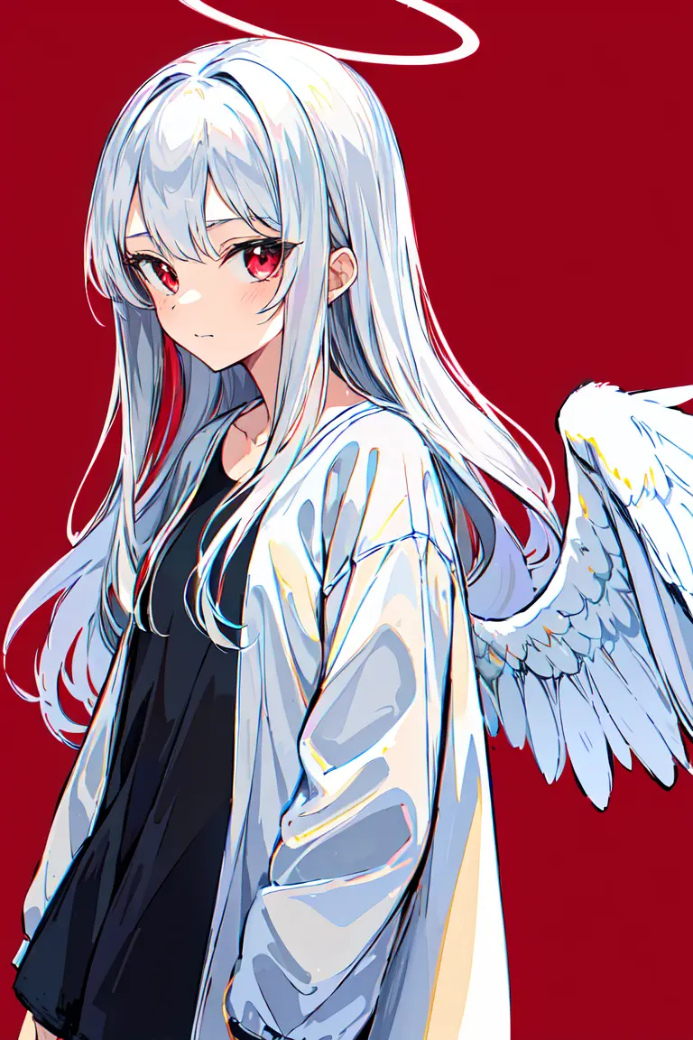 masterpiece, intricate detail,best quality, <lora:yike:0.8>a 1girl, halo, solo, long hair, red eyes, wings, red background, angel, looking at viewer, angel wings, long sleeves, feathered wings, bangs, simple background, white hair, closed mouth, shirt, grey shirt