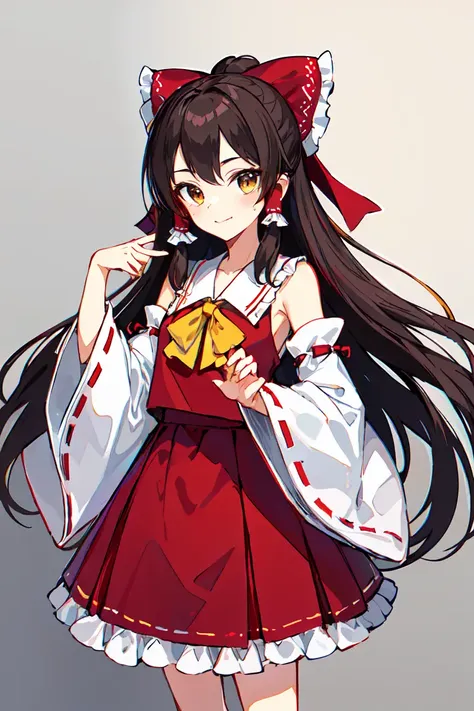 masterpiece, intricate detail,best quality,  <lora:yike:0.8>solo, 1girl, bow, hakurei reimu, long hair, detached sleeves, red bow, brown hair, hair tubes, closed mouth, brown eyes, bangs, looking at viewer, white socks, gohei, gradient, sarashi, gradient background, wide sleeves, skirt, frills, socks, yellow bowtie, hair bow, white background, bare shoulders, blush, long sleeves, yellow bow, simple background, standing, ribbon trim, bowtie, red skirt, grey background, dress, red dress, ribbon-trimmed sleeves