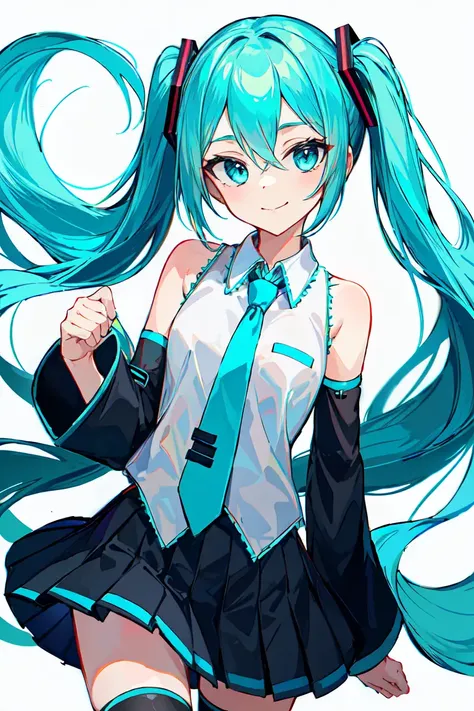 masterpiece, intricate detail,best quality, <lora:yike:0.8>solo, 1girl, necktie, hatsune miku, twintails, thighhighs, skirt, long hair, detached sleeves, shirt, white background, black skirt, looking at viewer, sleeveless, smile, black thighhighs, white shirt, sleeveless shirt, pleated skirt, black sleeves, aqua necktie, bangs, bare shoulders, hair between eyes, collared shirt, simple background, closed mouth, aqua hair, aqua eyes, very long hair, floating hair