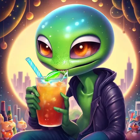 An alien drinking soda , Kids Book, KidsRedmAF ,<lora:StoryBookRedmond15Config4WithoutTE:1>