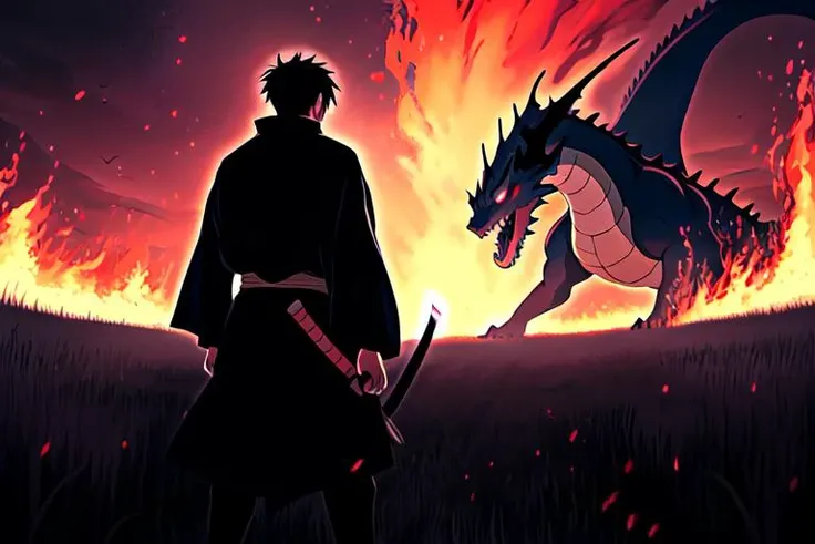 (Anime sharp lines, crisp lineart),, Climactic scene, a samurai with his katana standing in a field facing a distant giant dragon roaring, glowing eyes, scaled muscular arms sharp claws, ready to start fight, intense scene, fire and air flows, attack on titan style, masterpiece, cinematic,(size difference),