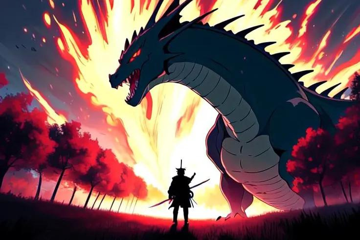 (Anime sharp lines, crisp lineart),, Climactic scene, a samurai with his katana standing in a field facing a distant giant dragon roaring, glowing eyes, scaled muscular arms sharp claws, ready to start fight, intense scene, fire and air flows, attack on titan style, masterpiece, cinematic,(size difference),