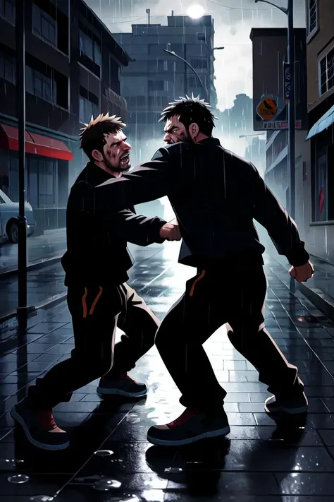 (Anime), dynamic pose, 2boy, 30 year old, chav, rough, dirty, mean, bully, druggie, two boys fist fighting, blood splatter, (streets), rain splashing raindrops puddles, dramatic lighting, atmospheric, intricate detail, life-like, ((detailed realistic water, detailed realistic skin, life-like detailed realistic face)),