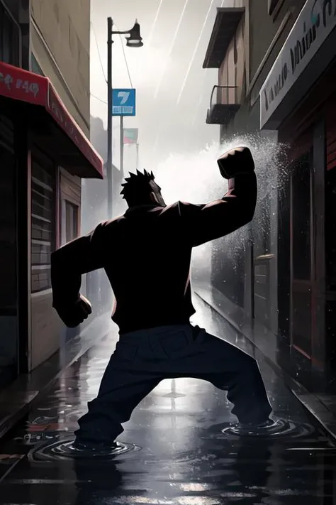 (Anime), dynamic pose, (masterpiece, best quality), 2boy, 30 year old, chav, rough, dirty, mean, bully, druggie, two boys fist fighting, blood splatter, (streets), rain splashing raindrops puddles, dramatic lighting, atmospheric, intricate detail, life-like, ((detailed realistic water, detailed realistic skin, life-like detailed realistic face)),