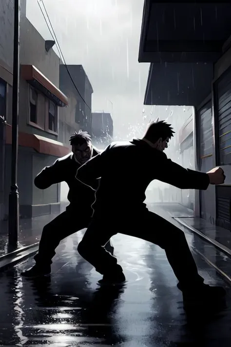 (Anime), dynamic pose, (masterpiece, best quality), 2boy, 30 year old, chav, rough, dirty, mean, bully, druggie, two boys fist fighting, blood splatter, (streets), rain splashing raindrops puddles, dramatic lighting, atmospheric, intricate detail, life-like, ((detailed realistic water, detailed realistic skin, life-like detailed realistic face)),