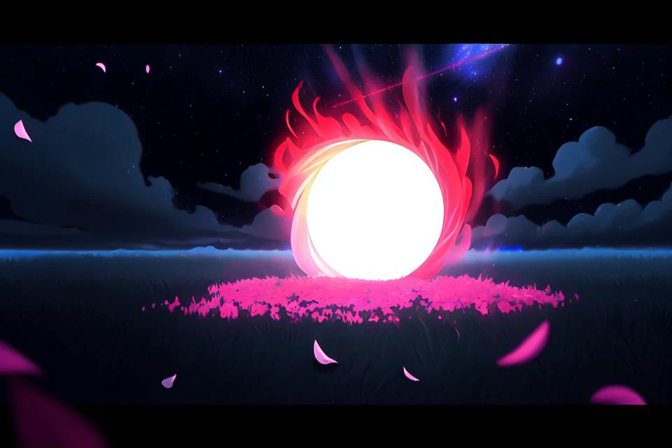 (Anime), light particle, depth of field, field, scenery, fantasy, blue light, (far away:1.1), pastel colors, chromatic aberration abuse, glow in the dark
dark ,cloudy sky, space, red aura, aura, cinematic, dark atmosphere, night , dark hole, glowing eyes, red light, illumination, sword, floating object, monster, fighting stance, light rays, 
eye in the sky, (grass:0.9), falling petals,