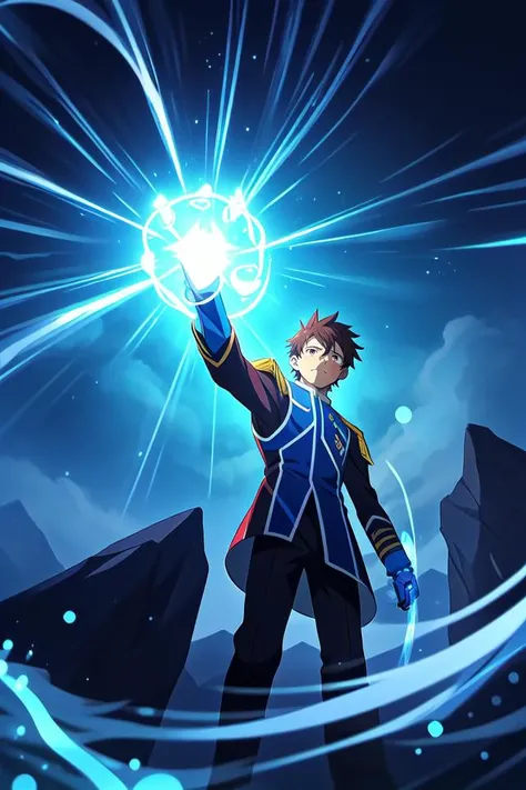(Anime), fantasy, (seen from below, looking down at viewer), on mountain peak outcropping, Hologram wizard casting powerful spell, young teenage boy male with dark brown hair hazel eyes, wearing futuristic mage uniform, surrounded by swirling magical azure light streams, bokeh, sharp features