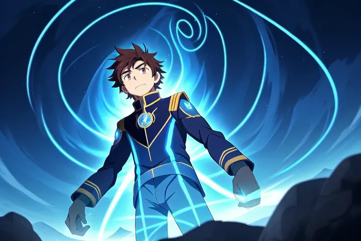 (Anime), fantasy, (seen from below, looking down at viewer), on mountain peak outcropping, Hologram wizard casting powerful spell, young teenage boy male with dark brown hair hazel eyes, wearing futuristic mage uniform, surrounded by swirling magical azure light streams, bokeh, sharp features