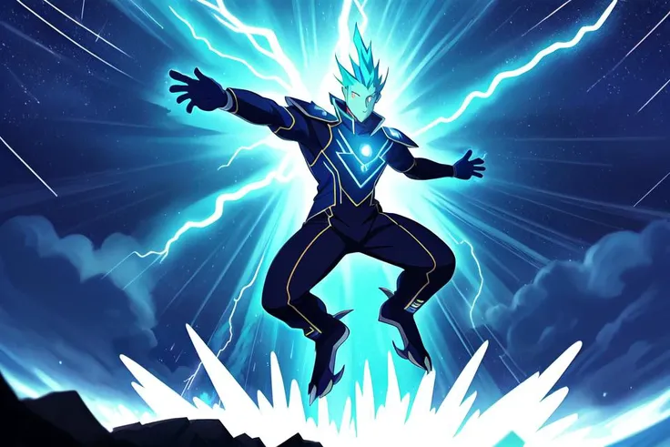 (Anime), dynamic pose, A full body portrait of a levitating powerful man wearing futuristic mage uniform raised arm outstretched hand surrounded by a whirlwind of cyan and azure light dragons, highly detailed eyes, lightning, meteor shower,