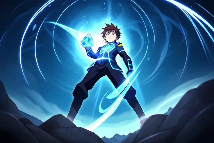 (Anime), fantasy, (seen from below, looking down at viewer), on mountain peak outcropping, Hologram wizard casting powerful spell, young teenage boy male with dark brown hair hazel eyes, wearing futuristic mage uniform, surrounded by swirling magical azure light streams, bokeh, sharp features