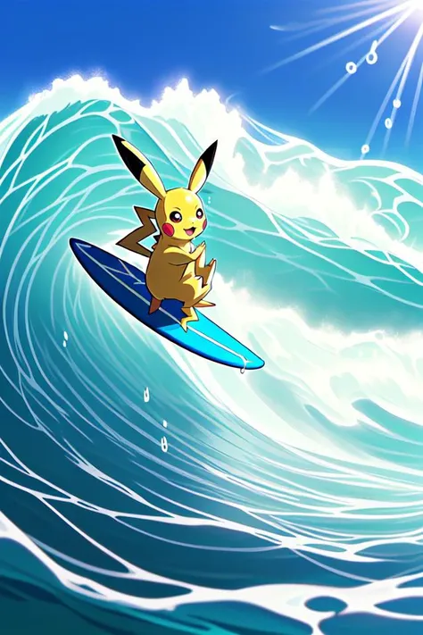 (anime:1.1), (Solo focus, surfing Pikachu:1.2) , (detailed Sparkling glistening reflective water), (surrounded by water droplets, splashing massive waves), beautiful summer day,