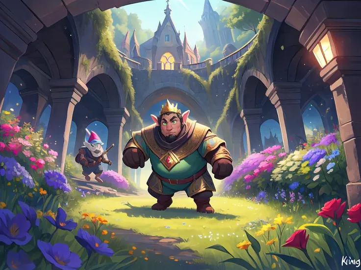 Action scene, dynamic pose, firm stance, combat stance, 
Focus on (Alchemist, King, Short, Chubby, Oval Face, Fair Skin, Black Hair, Green Eyes, [[Curved Nose]], Pouty Lips, Receding Chin, Old Dutch, Medium, Buzz Cut, An enchanted meadow, with colorful flowers and magical creatures roaming free) fighting (Golem),
In a bustling underground city, lit by glowing fungi, where gnomes trade precious gems,