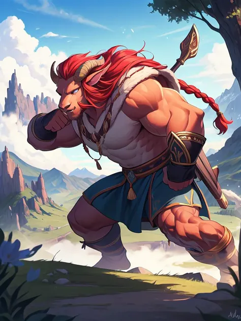 Action scene, dynamic pose, firm stance, combat stance,
Focus on (Druid protecting the forest from invaders, Sultan, Short, Solid, Square Face, Dark Skin, Red Hair, Gray Eyes, Straight Nose, Full Lips, Prominent Chin, Friendly Mutton Chops, Crew Cut, Braided, Misty mountains towering over a vast, misty valley) fighting (Minotaur),
In a bustling ancient metropolis where magic and technology coexist,