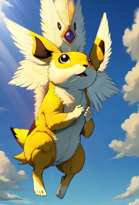 masterpiece, best quality, ultra high res, beautiful, visually stunning, elegant, incredible details,  w1ngs, extra eyes, faceless, covered eyes, mouth,  full body pika (Pikachu:0.5), floating, sky, clouds, (god rays:1.2), light rays, from below, barefoot,
<lora:w1ngs - Face Wings:1>, <lora:PIKAPOKE:0.5>