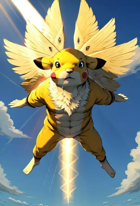 masterpiece, best quality, ultra high res, beautiful, visually stunning, elegant, incredible details,  w1ngs, extra eyes, faceless, covered eyes, mouth,  full body pika (Pikachu:0.6), floating, sky, clouds, (god rays:1.2), light rays, from below, barefoot,
<lora:w1ngs - Face Wings:1>, <lora:PIKAPOKE:0.6>