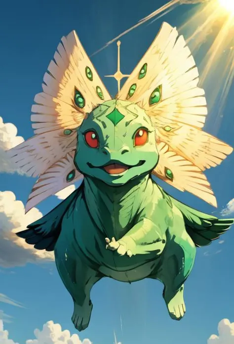 masterpiece, best quality, ultra high res, beautiful, visually stunning, elegant, incredible details, w1ngs, extra eyes, faceless, covered eyes, mouth, full body (Bulbasaur:0.7), floating, sky, clouds, (god rays:1.2), light rays, from below, barefoot,
<lora:w1ngs - Face Wings:1>, <lora:0001_bulbasaur_lora:0.7>,