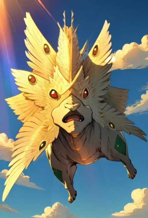 masterpiece, best quality, ultra high res, beautiful, visually stunning, elegant, incredible details, w1ngs, extra eyes, faceless, covered eyes, mouth, full body (Bulbasaur:0.7), floating, sky, clouds, (god rays:1.2), light rays, from below, barefoot,
<lora:w1ngs - Face Wings:1>, <lora:0001_bulbasaur_lora:0.7>,