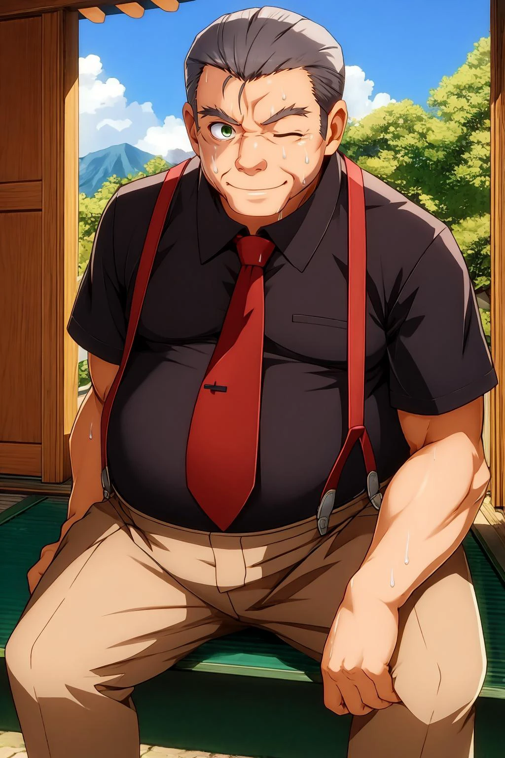 <lora:ooishi_loha-anylora-lion-000017:te=1.2:unet=0.8> ooishikuraudo, 1guy, (best quality:1), sitting, head tilt, (old man:1.2), (fat man:1), smile, frown, one eye closed, sunlight, sweat, shirakawa village, gifu, solo, shrine, (beige pants:1) BREAK reflection, panorama, wide shot, red necktie, thick legs, black shirt, grey hair, suspenders, hair slicked back, green eyes, highly detailed, masterpiece <lora:fineline-v2:1.5>