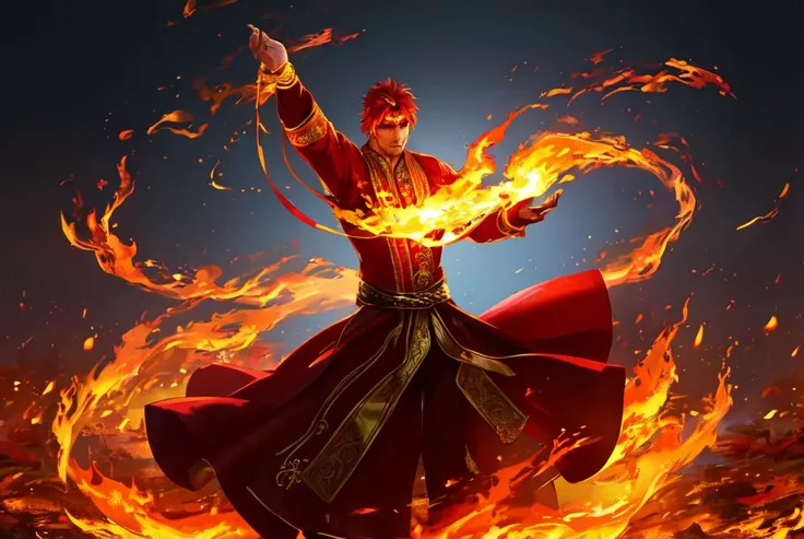 ((Immersive)),((4K)),((Captivating)),((Magnificent)),((Extraordinary)),((Enchanting)),fantasy,(1man Fire Dancer:1.4),Flames,Graceful,raw photo,Untouched photo,RAW Image,Original photo,waning light,Weakening glow,Declining light,Fading illumination,Shallow depth of field,Zoom lens,Fast lens,