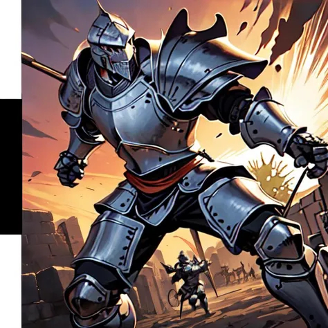 graphic novel from the year 2000,dynamic angle,best quality,masterpiece,intricate details,combat (2boy Knights in armored jousting.),