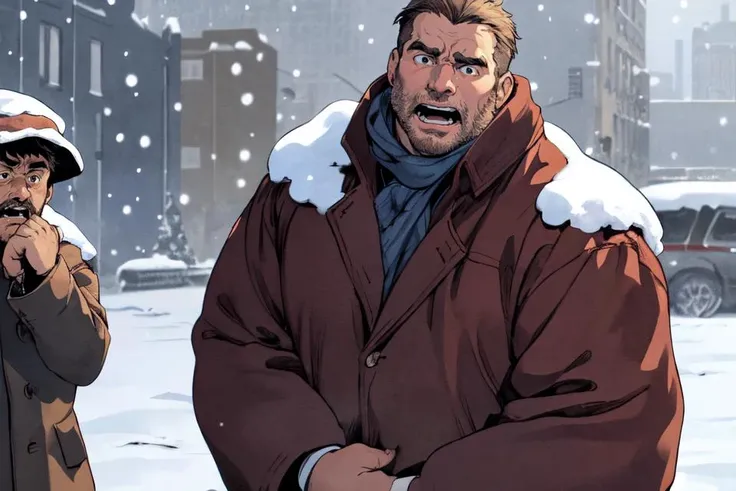 best quality,masterpiece,intricate details,Large middle-aged man carrying terrified slim 20yo man,looking at the viewer with fear while it snows,graphic novel from the year 2000,anime screencap,