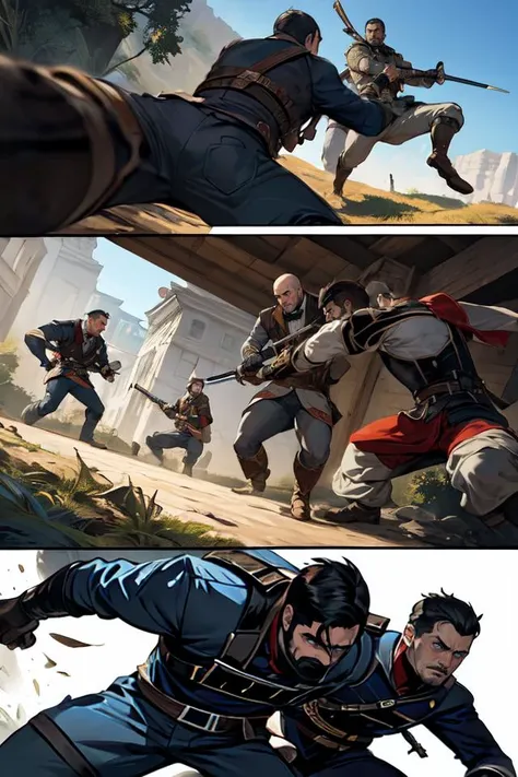 graphic novel from the year 2000,dynamic angle,best quality,masterpiece,intricate details,combat (2boy Assassins assassinating the duke.),