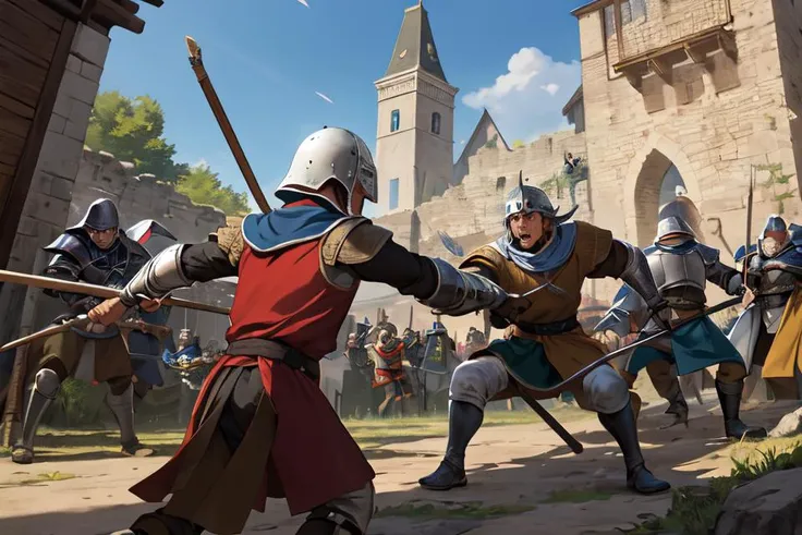 Anime,best quality,masterpiece,intricate details,combat (2boy Battle between rival medieval kingdoms.),graphic novel from the year 2000,