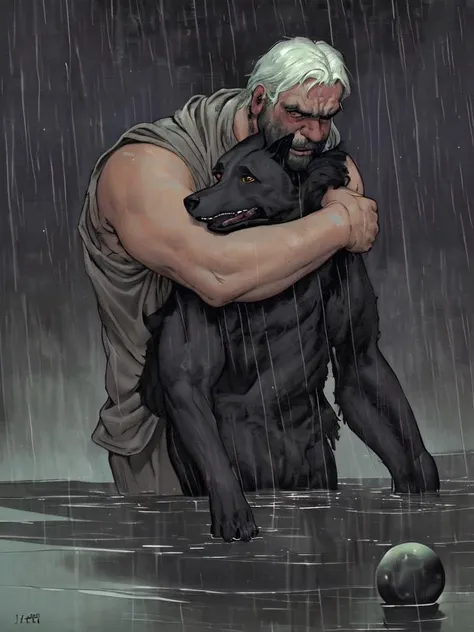 best quality,masterpiece,intricate details,Large middle-aged man carrying terrified slim 20yo man,ilya repin style painting of a black dog in his arms and legs. he is looking at the viewer with fear from another planet while it rains under him as if they can see them floating above their shoulders,graphic novel from the year 2000,