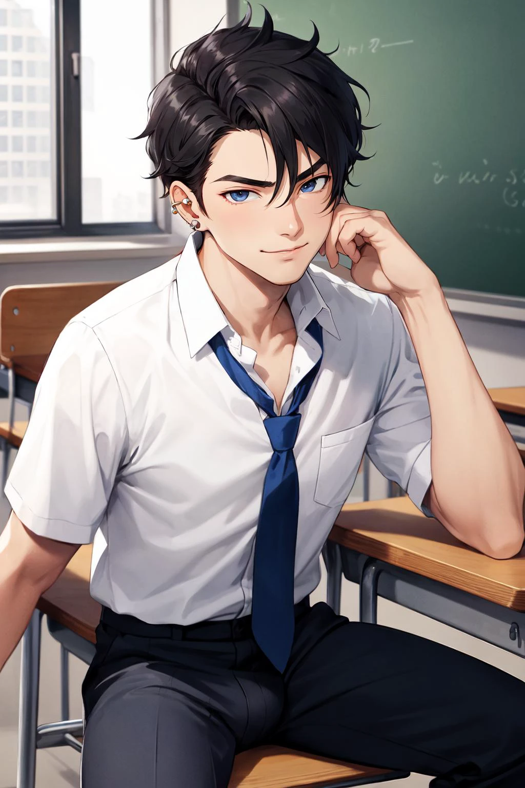 best quality, masterpiece, intricate details, anime screencap, 1 man, age, pretty, a 18yo student man sitting in a school desk, classroom, sunny, school uniform, slender, slim, detailed face, scruffy black hair, white shirt, pectoral cleavage, unbuttoned shirt, blue necktie, pubes, bulge, erotic stare, closeup, casual pose, smirk, ear piercing, detailed hands, detailed background