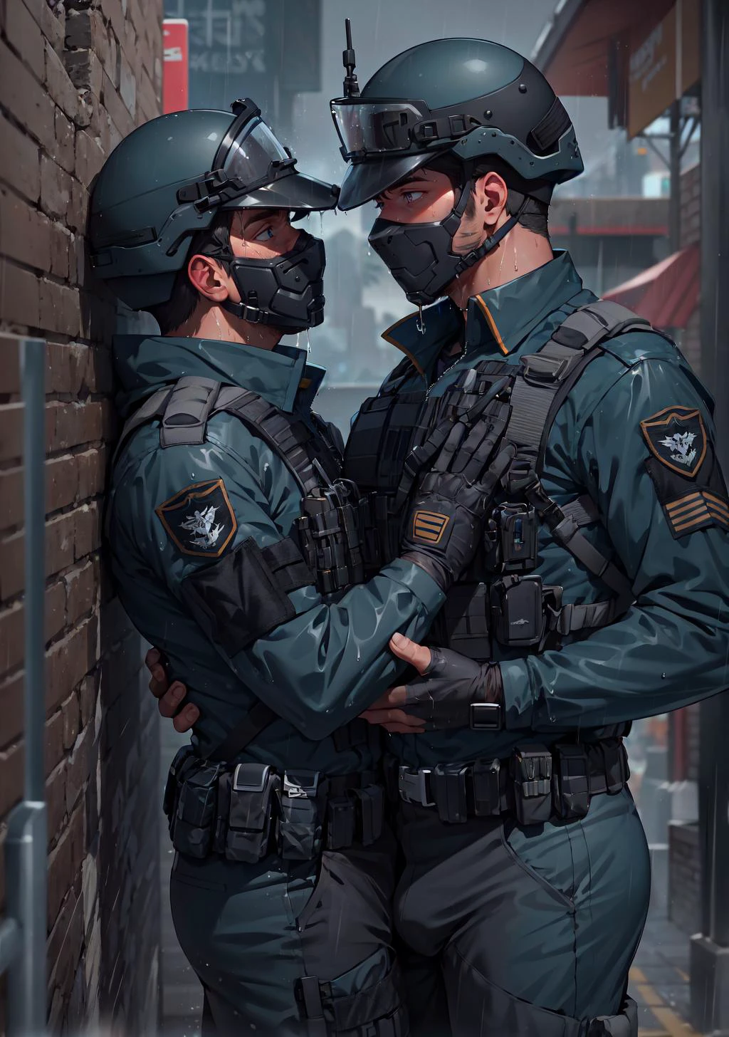 best quality, masterpiece, intricate details, male focus, mature male, black tactical force uniform, black uniform, black tactical force helmet with visor and tactical mask, hidden mouth, realistic eyes, homoerotic, 8k, cg, solo, 2 boys, crotches touching, bulges touching, Forbidden love, love, hugging, pressing to wall, kebedon, looking at eachother eyes, wet clothes, raining