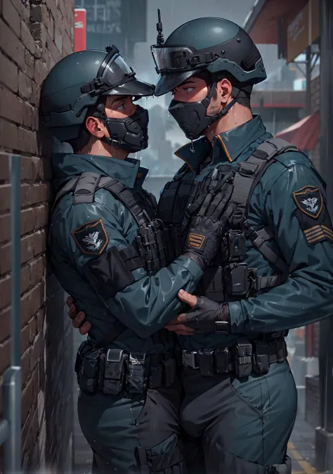 best quality, masterpiece, intricate details, male focus, mature male, black tactical force uniform, black uniform, black tactical force helmet with visor and tactical  mask, hidden mouth, realistic eyes, homoerotic, 8k, cg, solo, 2 boys, crotches touching, bulges touching, Forbidden love, love, hugging, pressing to wall, kebedon, looking at eachother eyes, wet clothes, raining