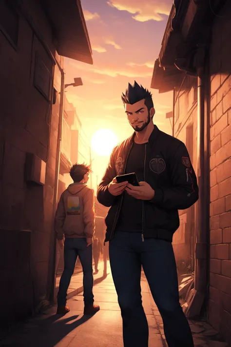 best quality, masterpiece, hentai cg, intricate details, 1boy, dark alley, bomber jacket, 25yo, black spiked hair, goatee, jeans, cowboy shot, dutch angle, people at distance:1.2, looking at phone, sunset, volumetric lighting,