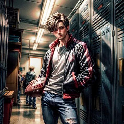 (masterpiece, best quality, ultra-detailed, best shadow), hyper detail, high resolution, high quality, 8k, epic,  raw photo, dslr, 1boy, tan skin, short black hair, jock, tall, handsome, masculine, school, lockers,football jacket, ripped jeans, <lora:add_detail:1>, 1990 \(style\), 90, 1990s, 90s heartthrob, cozy lighting, vintage, cowboy shot, leaning against locker <lora:add_detail:1>, <lora:AQMLORA-V5:0.5>, <lora:bulgerk-dickprint:0.6>