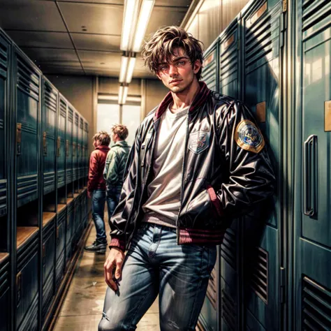 (masterpiece, best quality, ultra-detailed, best shadow), hyper detail, high resolution, high quality, 8k, epic, raw photo, dslr, 1boy, tan skin, short black hair, jock, tall, handsome, masculine, school, lockers,football jacket, jeans, <lora:add_detail:1>, 1990 \(style\), 90, 1990s, 90s heartthrob, cozy lighting, vintage, cowboy shot, leaning against locker <lora:add_detail:1>, <lora:AQMLORA-V5:0.5>, <lora:bulgerk-dickprint:0.6>
