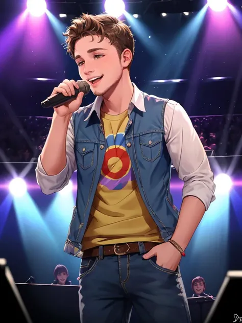Cowboy shot,determined grin,slim 22yo man dg_ShawnPyfrom,stubble,performing on a concert stage,singing into a microphone,stage lighting,special effects,<lora:dg_ShawnPyfrom-v1:0.8>,close up,