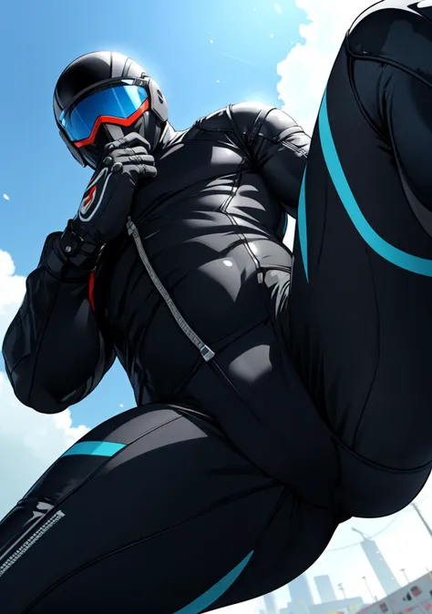 best quality, masterpiece, intricate details, anime, biker bodysuit, dainese, biker helmet with visor, musculine, male focus, (hidden mouth, hidden face:1.1), low angle, between legs, sweaty crotch