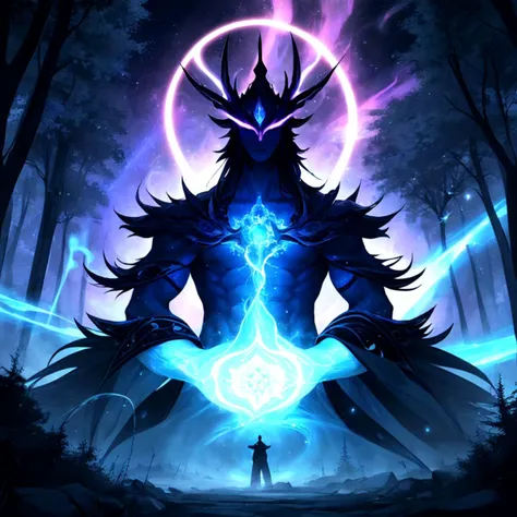 Within a mystical forest, a powerful sorcerer stands amidst swirling auras of vibrant energy, their commanding presence radiating a brilliant glow that illuminates the ancient trees. In the background, an awe-inspiring celestial phenomenon bathes the scene in an otherworldly light, while the sorcerer, a central figure, channels their mystical prowess, the very air pulsating with the epic energy they command.