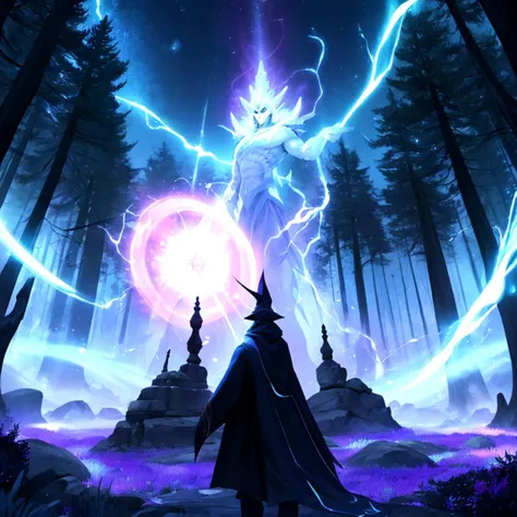 Within a mystical forest, a powerful sorcerer stands amidst swirling auras of vibrant energy, their commanding presence radiating a brilliant glow that illuminates the ancient trees. In the background, an awe-inspiring celestial phenomenon bathes the scene in an otherworldly light, while the sorcerer, a central figure, channels their mystical prowess, the very air pulsating with the epic energy they command.