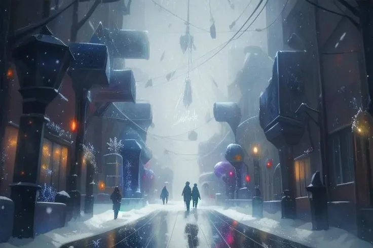 (best quality), a futuristic street in the darkness, millions of bright snowflakes pouring down like rain illuminate the scene, masterpiece, christmas, beautiful, arcane style
