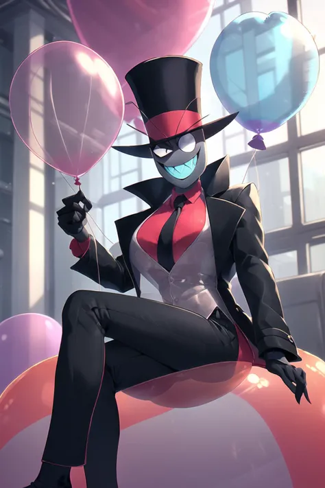 ((Blackhat from Villainous)), 1girl, solo, (white eye with black pupil:1.2), black top hat, ((drooped eyelid, smug smile)), monocle, black top coat, red shirt, black tie, (white vest:0.3), black pants, breasts, (((translucent balloon, huge balloons, sitting on balloon, floating, indoors))), <lora:blackhat_v1:0.6>,  <lora:SSM:0.9>