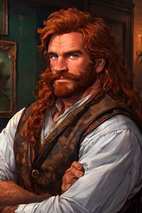 RAW photo, homo, candid, masterpiece, hyper realistic, photorealistic, high quality, photo a tanned large hairy muscle daddy with long ginger hair and beard , extremely handsome detailed face, looking at viewer over shoulder
