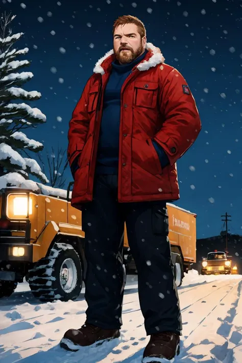 NSFW candid photograph, dg_Tuck 40yo 1man, homoerotic, detailed realistic face, winter, snowplow, angry, thermos, coat, pants, snowing, early morning before dawn,
<lora:dg_Tuck_v1:0.8>