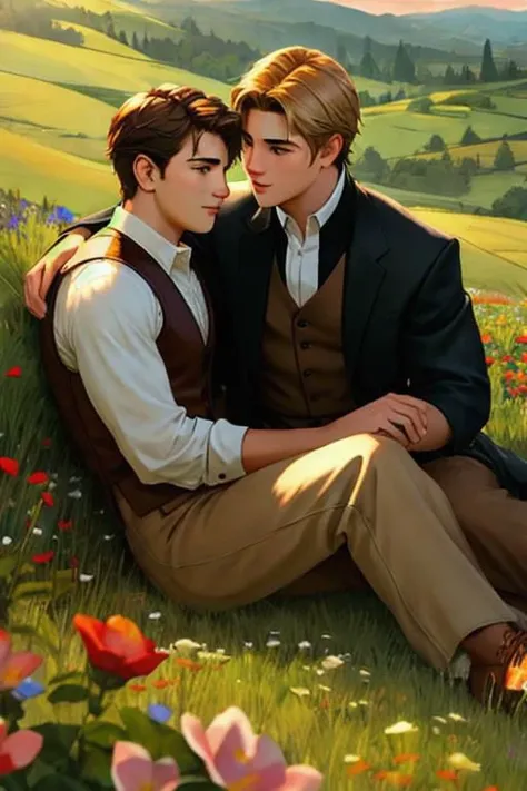 A perfect gay couple of lovers, 2boys, first man dark brown short hair and second man blond hair, dark brown eyes, sitting on the ground, romance fantasy movie, flowers, in the hillside
film grain, photorealsitic, soft light, exposure blend, medium shot, realistic illustration,