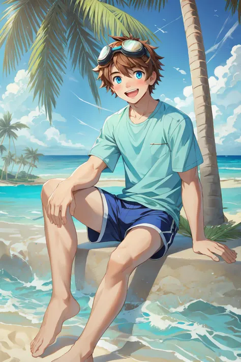 masterpiece,best quality,1boy,solo,goggles on head,male focus,blue eyes,outdoors,barefoot,shorts,open mouth,smile,looking at viewer,sitting,beach,blush,tree,brown hair,stylish pose,sky,palm tree,ocean,day, ,